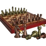 Chess game, galvanized metal pieces, wooden box, 52 x 52 cm